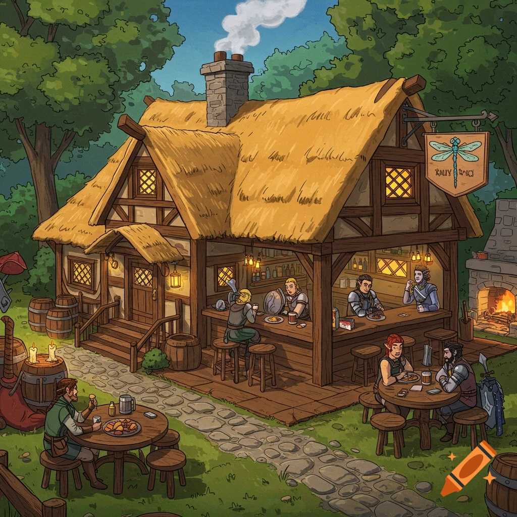 Illustration of a fantasy tavern in a forest with patrons dining and drinking outside.