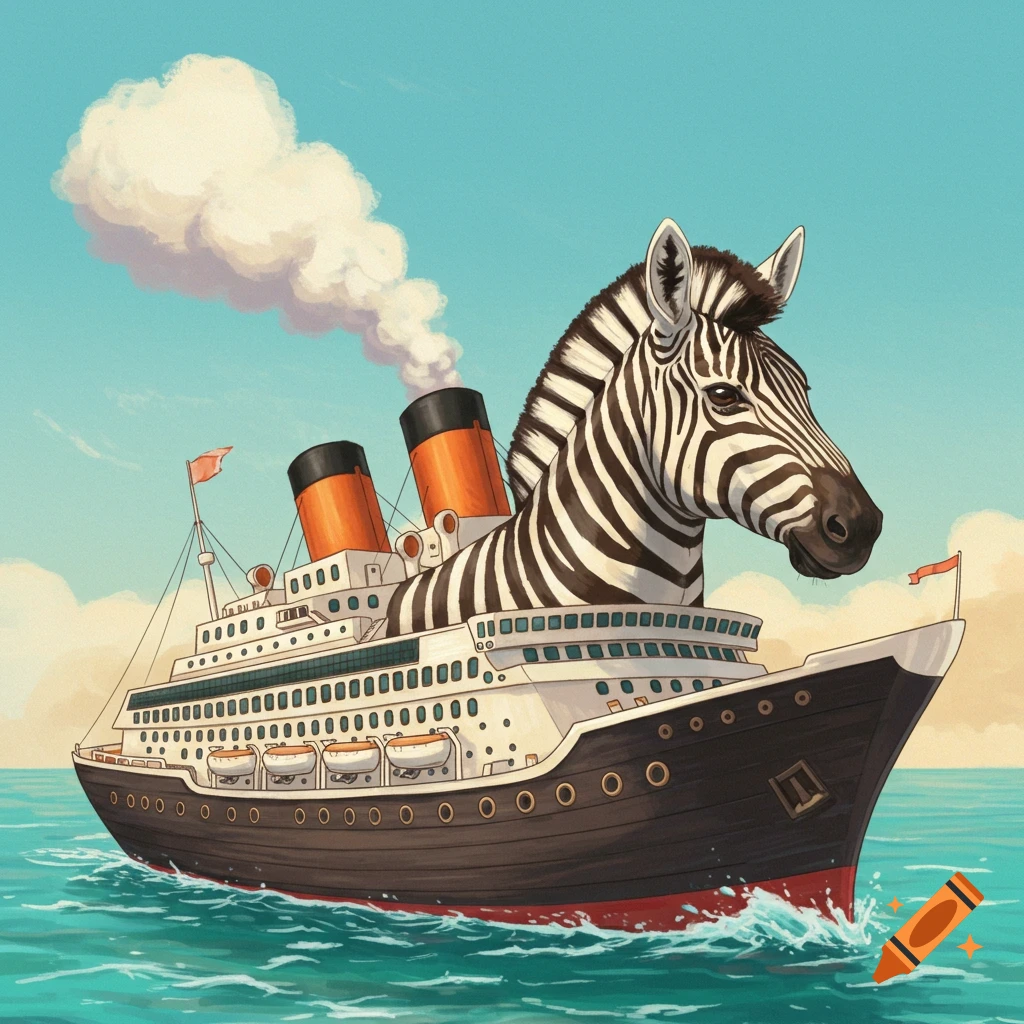 The head of a zebra is shown on a cruise ship sailing on the ocean.