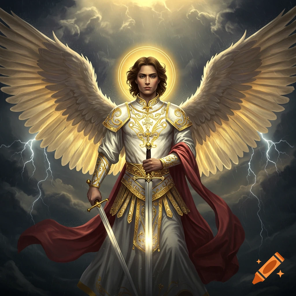 Archangel Michael with golden wings and armor, holding two swords, against a stormy sky with lightning.