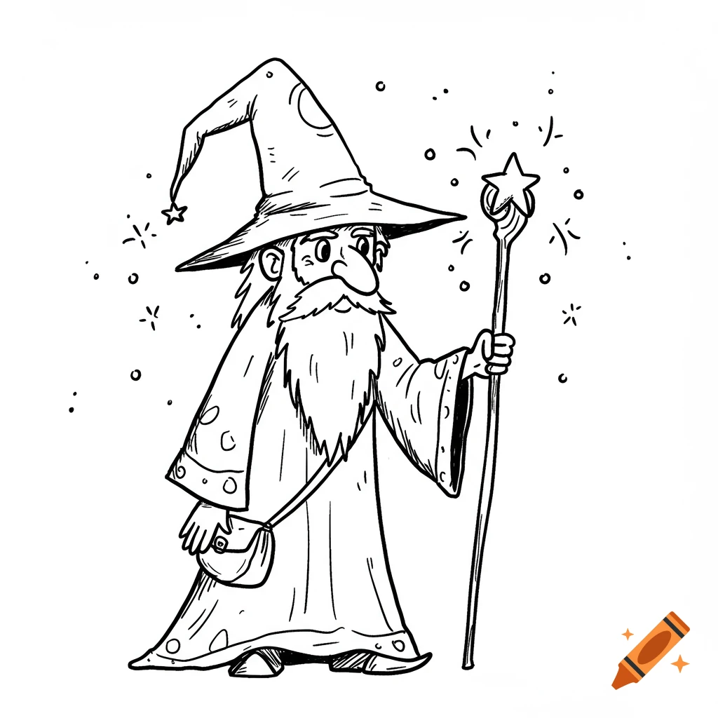 A simple line drawing of a wizard in a robe and pointed hat, holding a staff with a star.