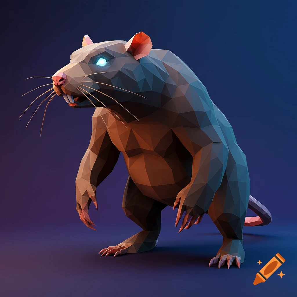 Low poly creature resembling a rat or bear with glowing blue eyes