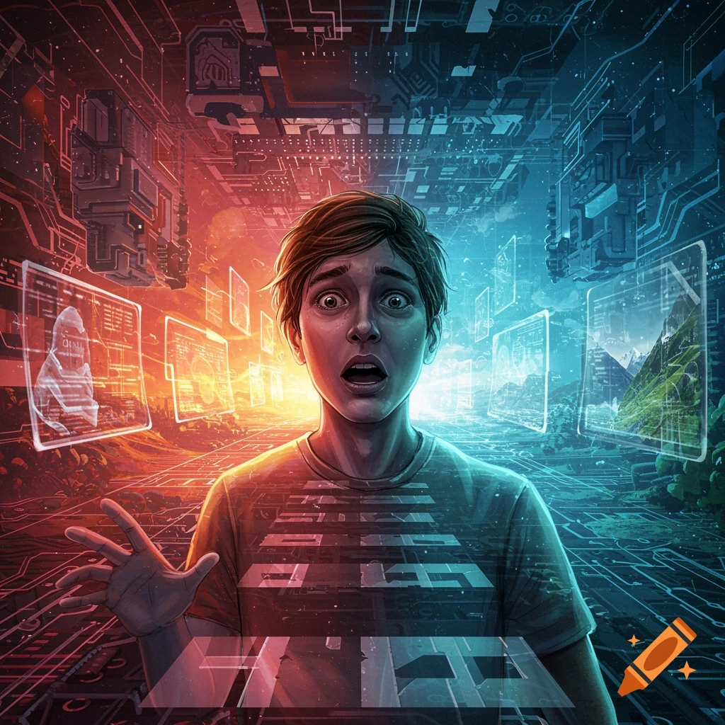 A person with wide eyes reaches out in a surreal landscape where technology and nature merge, expressing wonder and apprehension.