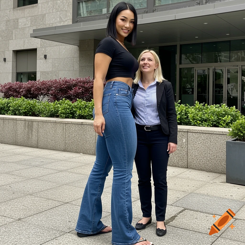 A very tall woman in a crop top and flared jeans stands next to a shorter woman in professional clothing outdoors.
