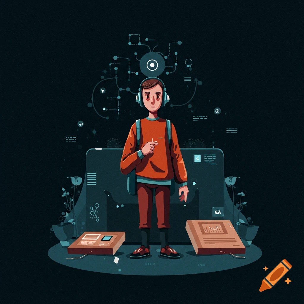 Flat illustration of person with headphones and backpack in a technology setting
