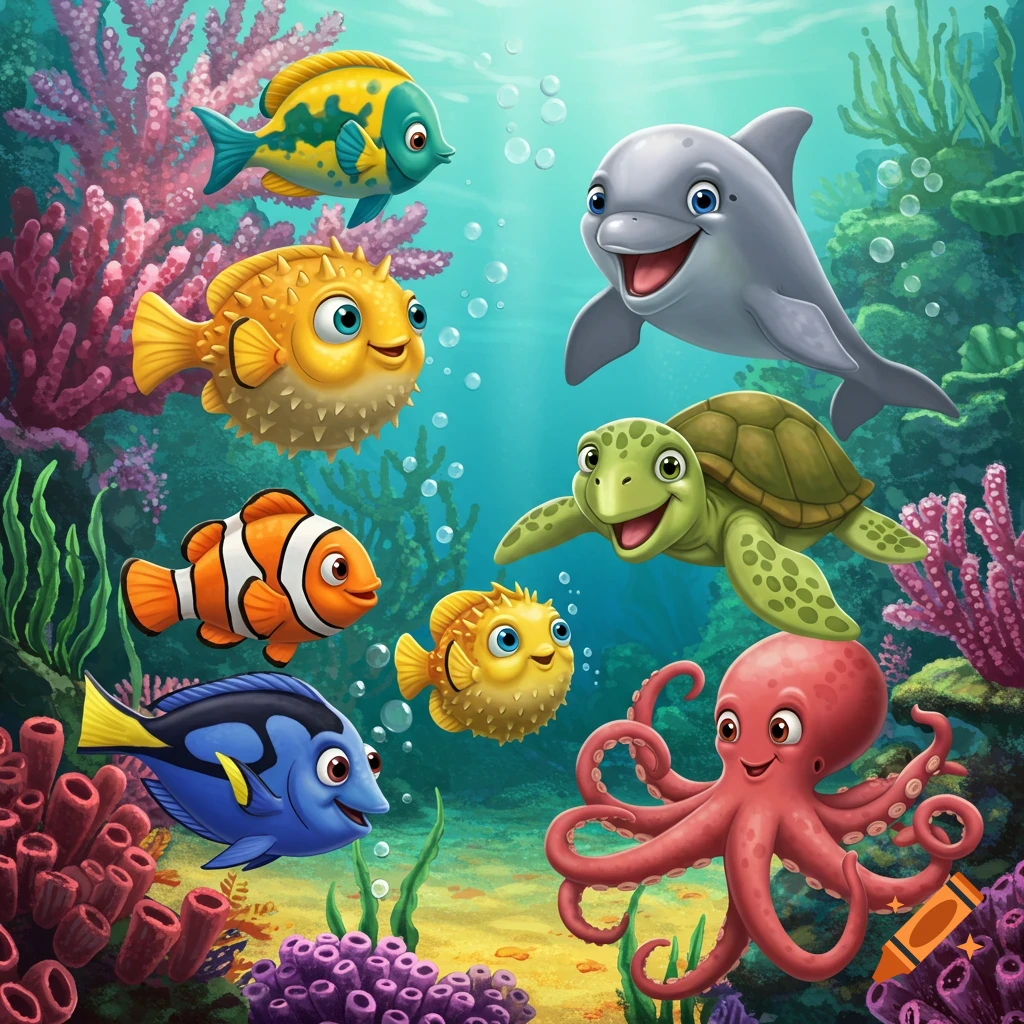 Happy cartoon sea creatures including a dolphin, turtle, octopus, and fish swim in a colorful coral reef