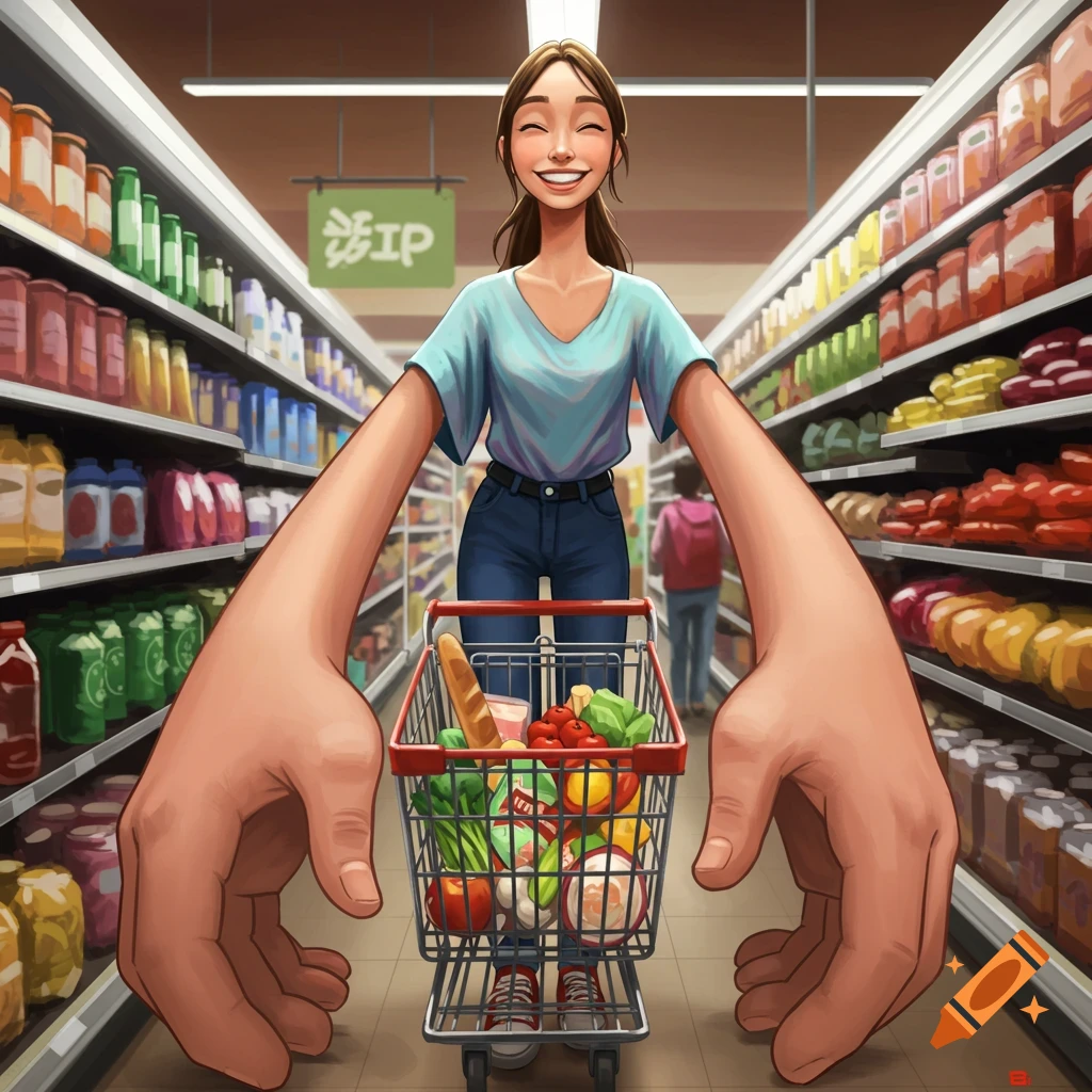Illustration of a smiling woman with large hands pushing a shopping cart filled with groceries down a grocery store aisle.