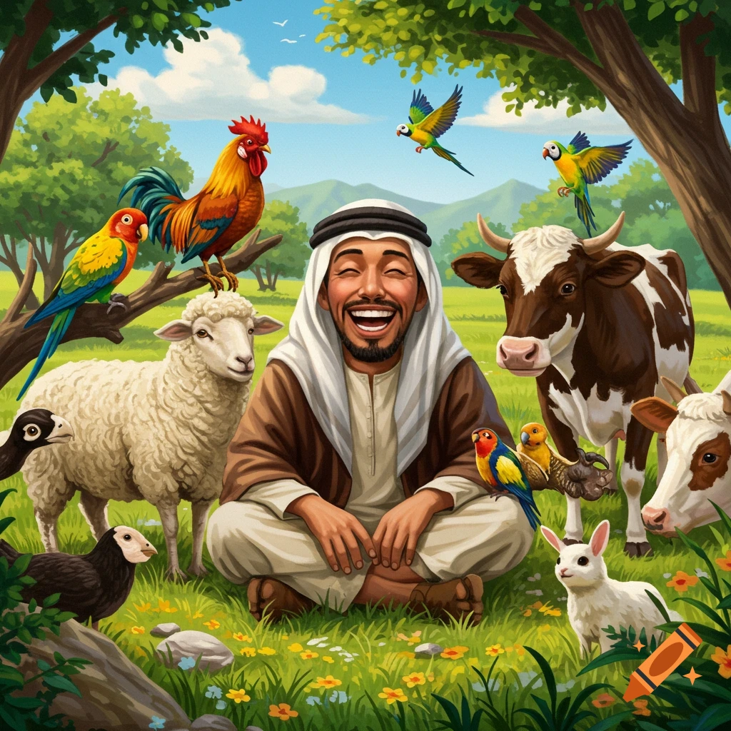 A laughing man in traditional clothing sits in a field surrounded by farm animals and birds.