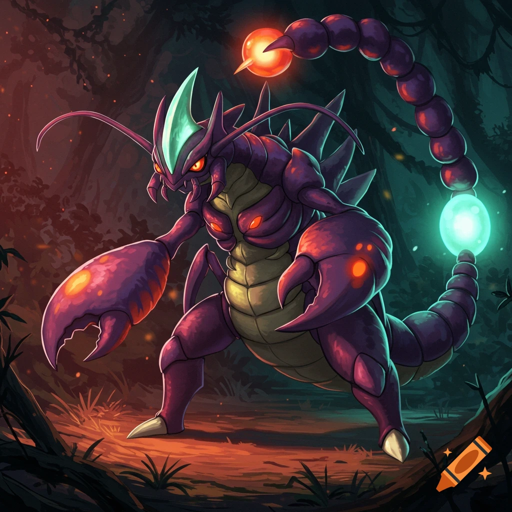A purple scorpion-like creature with large claws and glowing orbs on its tail stands in a dark forest, digital art.