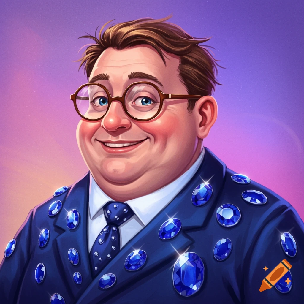 Cartoonish portrait of a man in a blue suit covered in sapphire jewels.