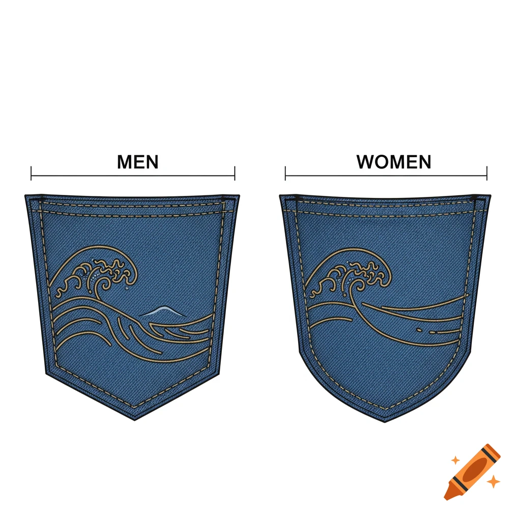 Vector illustration of blue denim pockets labeled 'MEN' and 'WOMEN', with gold wave stitching.