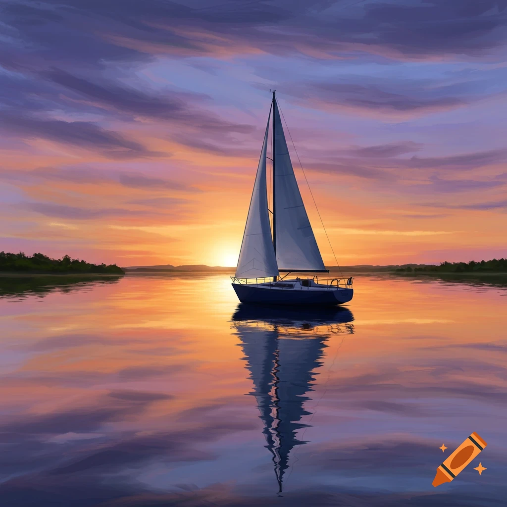 A sailboat on calm water reflecting a vibrant sunset sky.