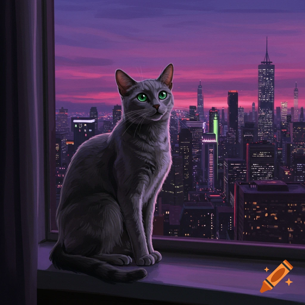 A grey cat sits on a window ledge looking at a city skyline at twilight.