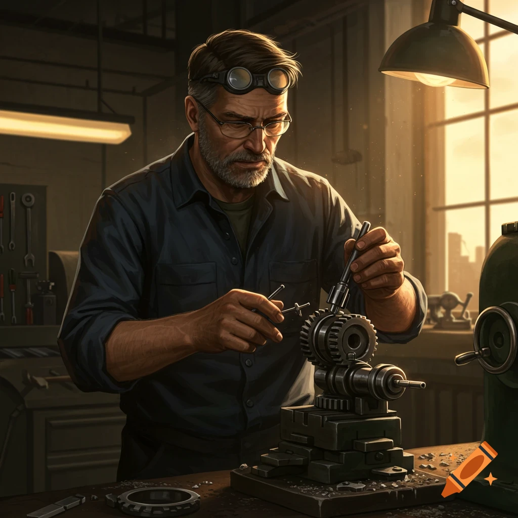 A man working on machinery in a workshop.