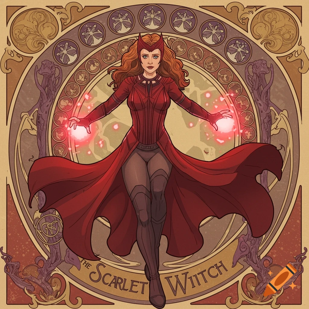 Art Nouveau poster of Marvel's Scarlet Witch performing magic