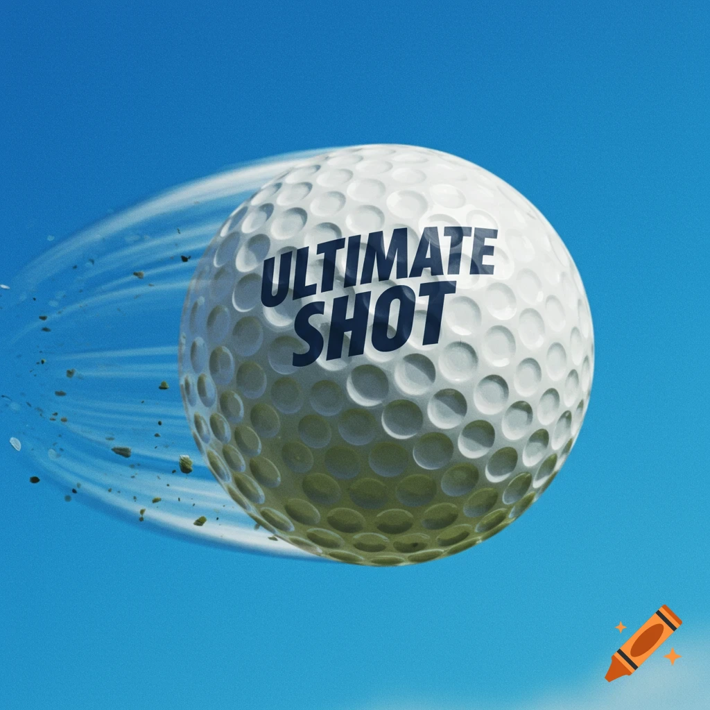 Golf ball in flight with motion blur and debris against a blue sky, with the words 'ULTIMATE SHOT' on the ball.