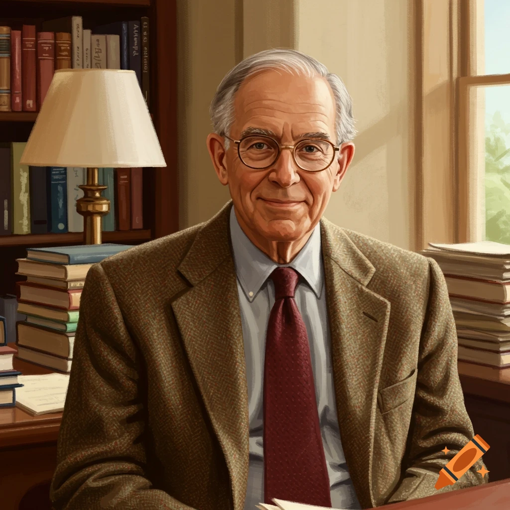 An older man in a suit and tie sits at a desk with books.