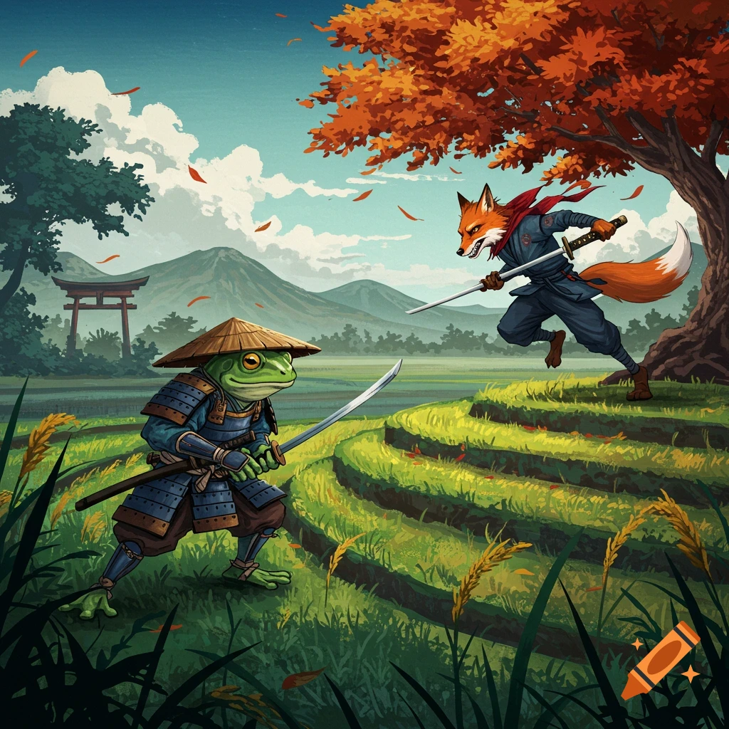 A frog samurai and a fox ninja duel with swords in a terraced field.