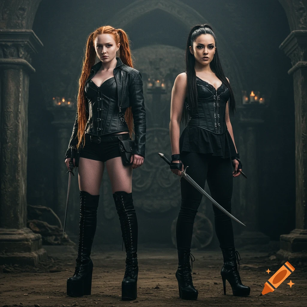 Two women in dark fantasy outfits with swords in an ancient chamber.