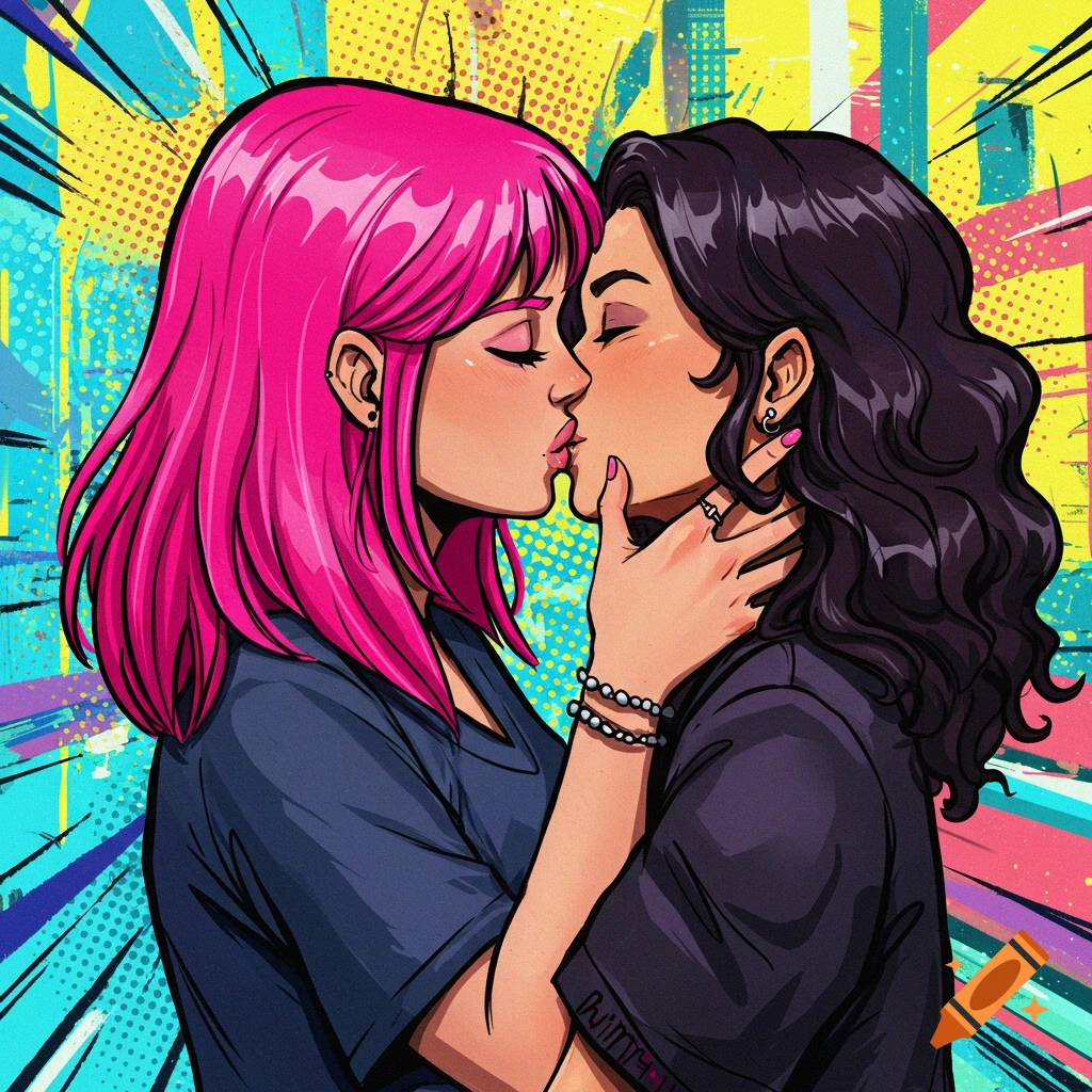 Two women kissing in a colorful pop art style
