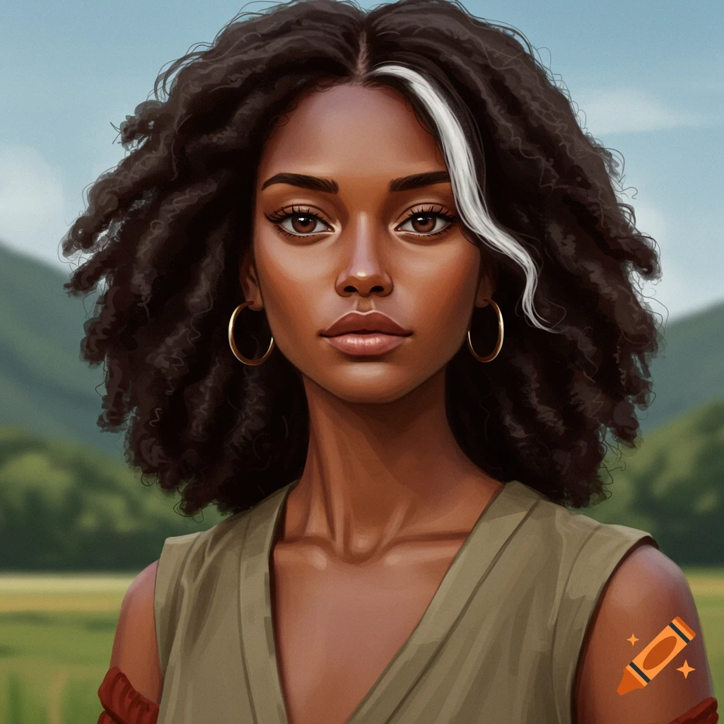 A young woman with dark curly hair and a white streak, gold hoops, outdoors in a field.