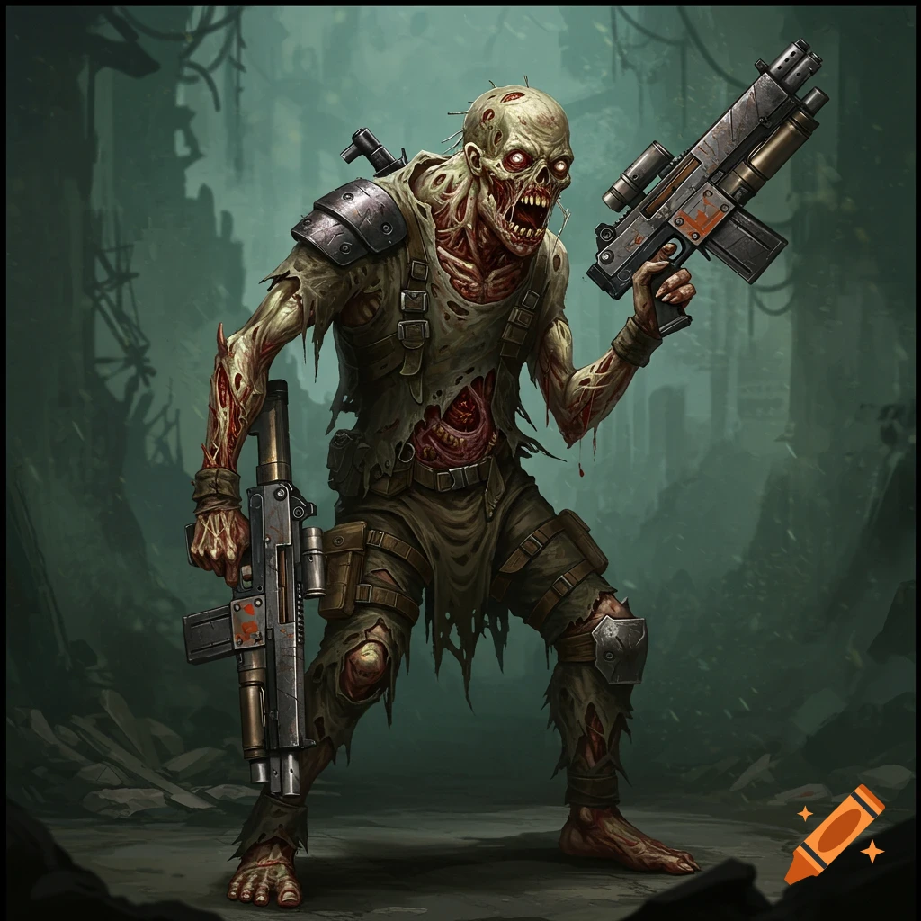 A tattered zombie holding two assault rifles in a ruined city.