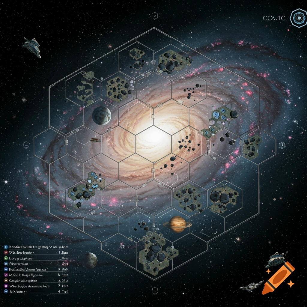 Hexagonal board game overlaying a spiral galaxy with planets, asteroids, and spaceships