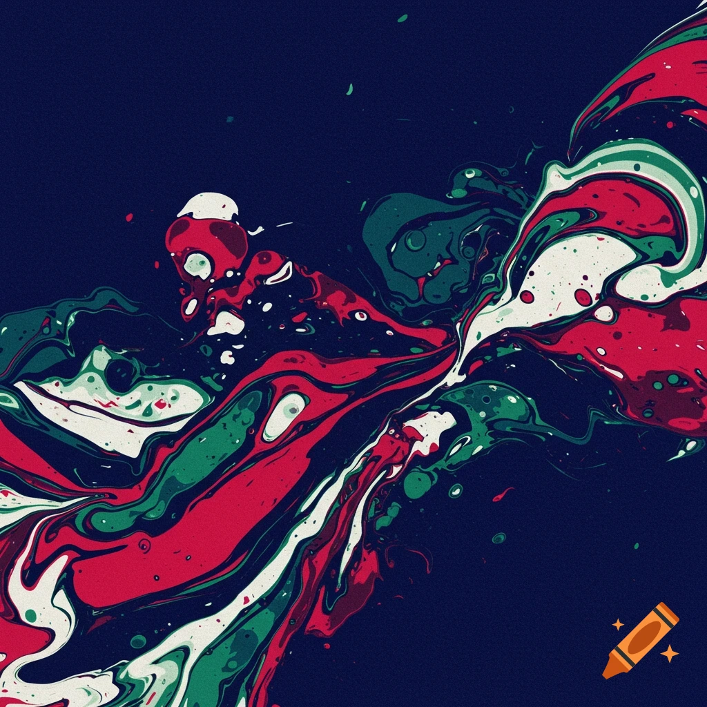 Abstract marbling pattern in red, green, white, and dark blue.
