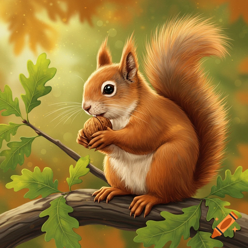 A red squirrel holds a walnut while perched on a tree branch.