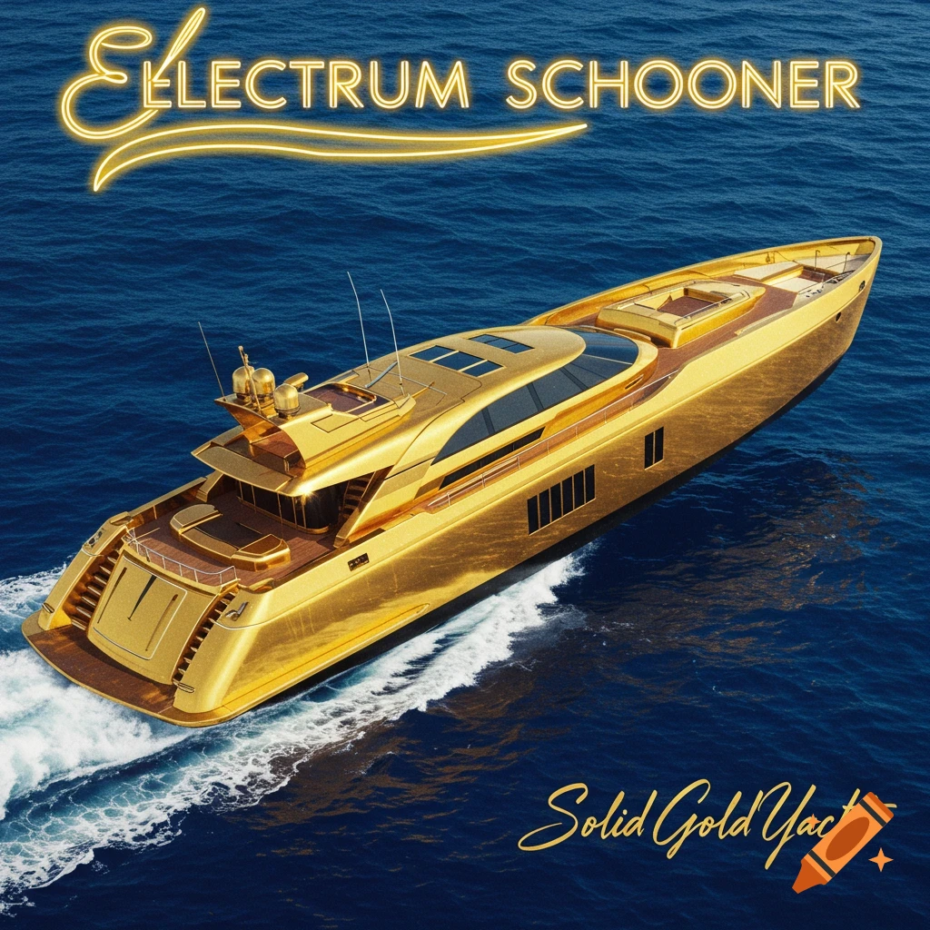 A golden yacht speeds across the water. Text reads "Electrum Schooner" and "Solid Gold Yacht".