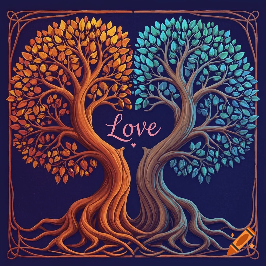 Two intertwined trees with orange and blue leaves forming a heart shape with the word Love