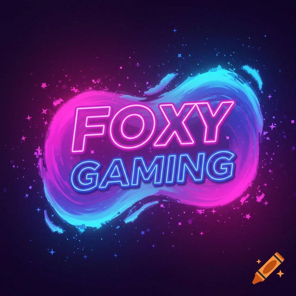 Neon logo that says Foxy Gaming with pink and blue glowing effects and sparkles.