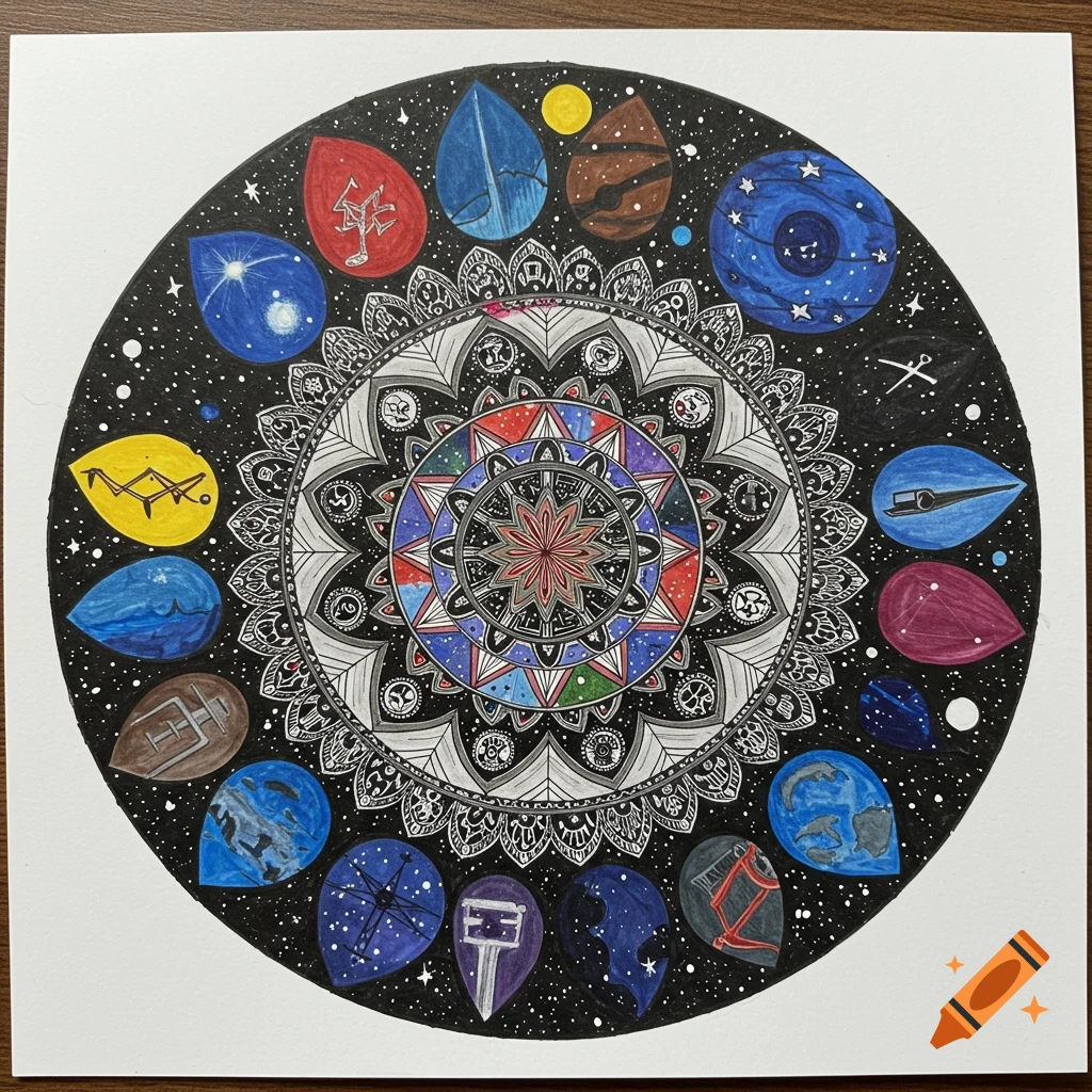 A hand-drawn mandala featuring space themes like planets and stars surrounding a central pattern.