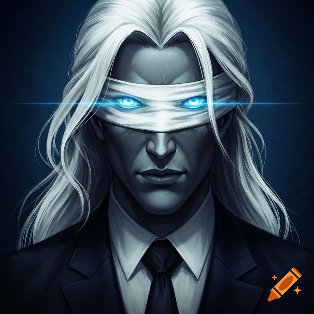 A blindfolded man with glowing blue eyes and long white hair, wearing a black suit and tie.