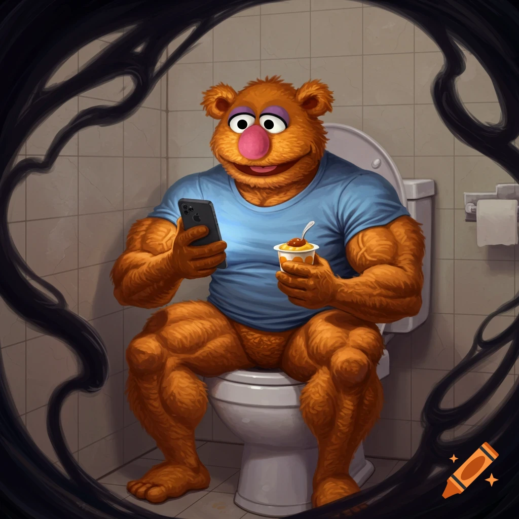 A muscular Fozzie Bear-like muppet is on a toilet, looking at a phone and holding pudding.
