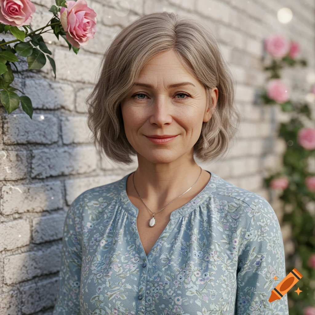 A photorealistic portrait of a middle-aged woman with a gentle smile, standing against a brick wall with pink roses.