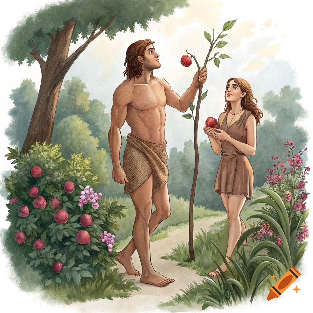 Illustration of Adam reaching for an apple from a tree, with Eve holding an apple in a garden.