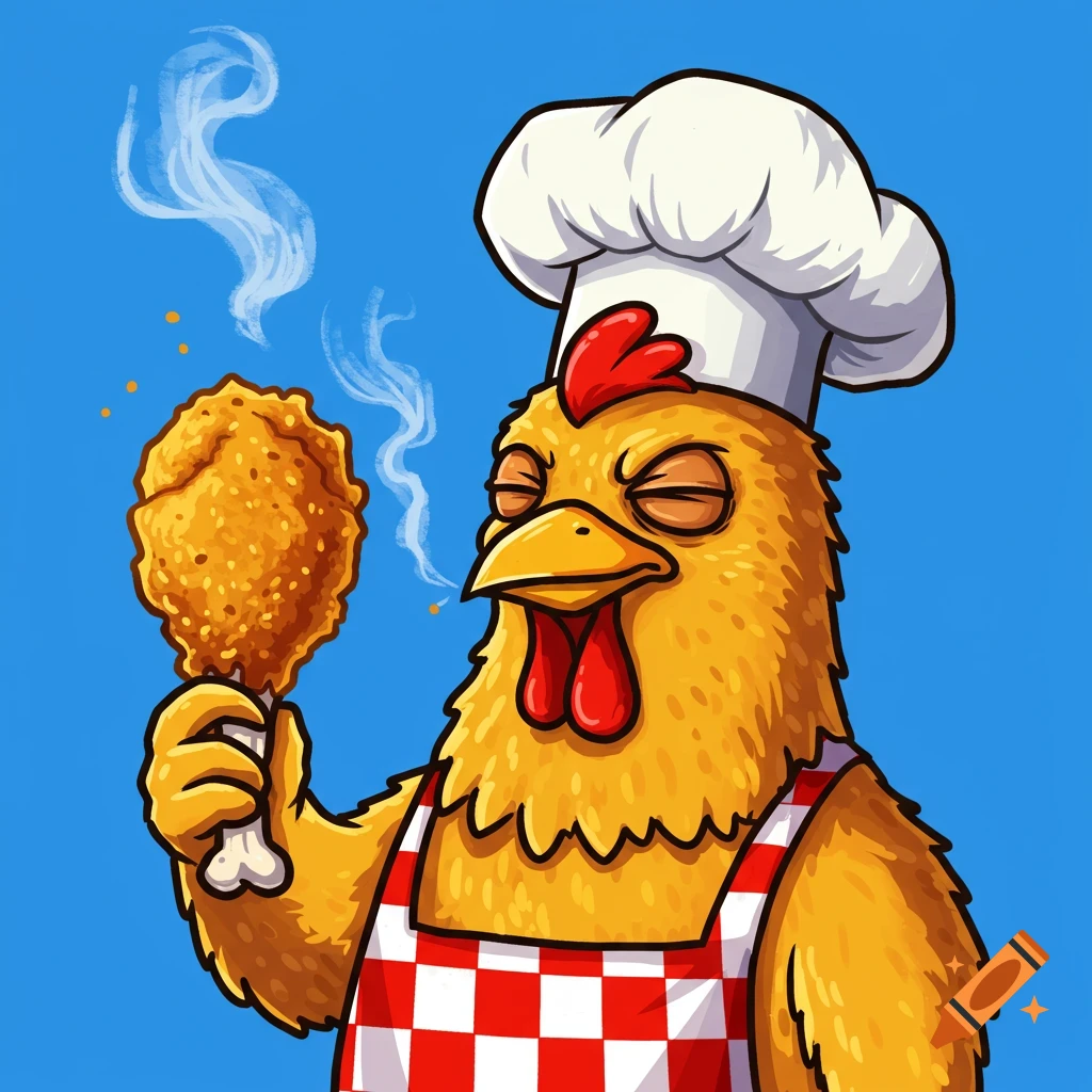Cartoon chicken chef holding smoking fried chicken