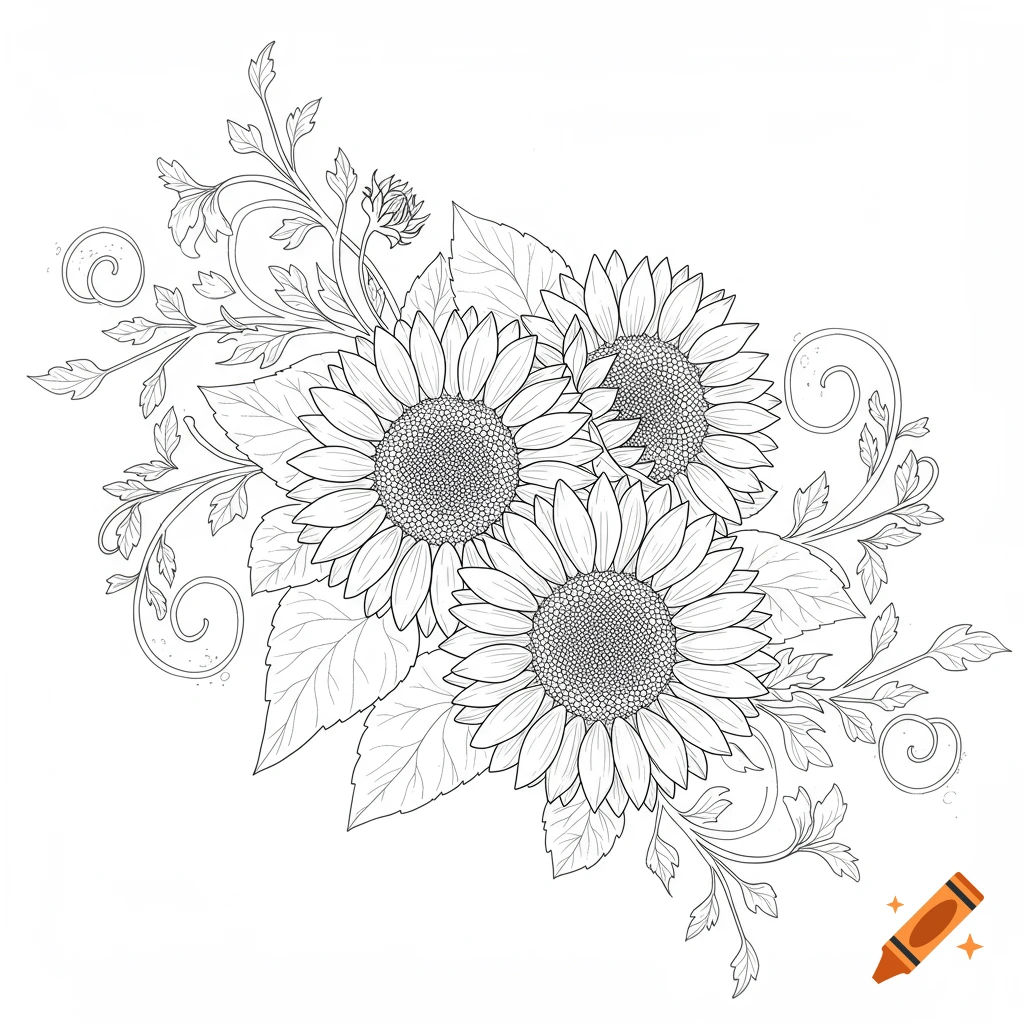 Line drawing of three sunflowers with leaves and swirling vines.