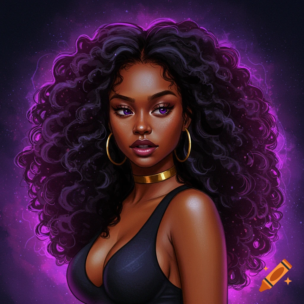 Portrait of a Black woman with long curly dark hair, purple eyes, gold jewelry, and a glowing purple background.