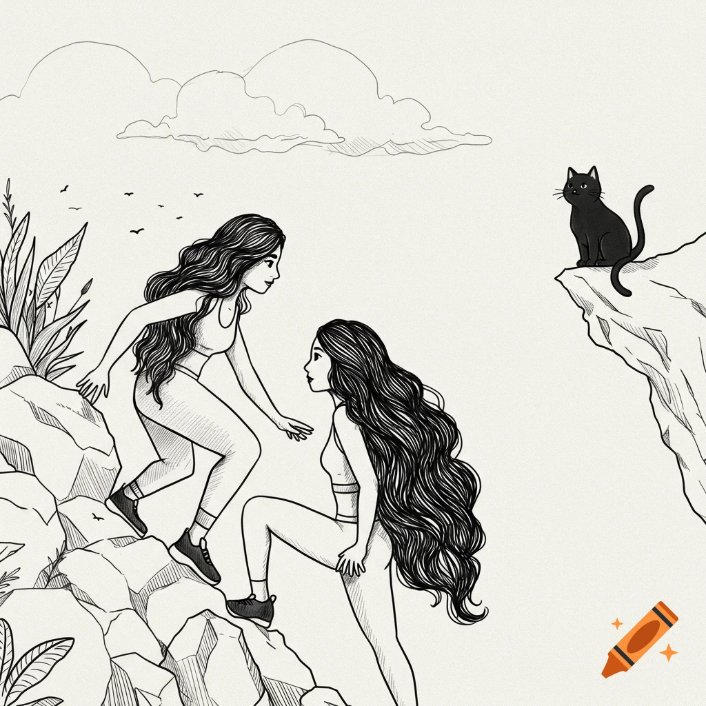 Black and white drawing of two women climbing a rock towards a black cat.