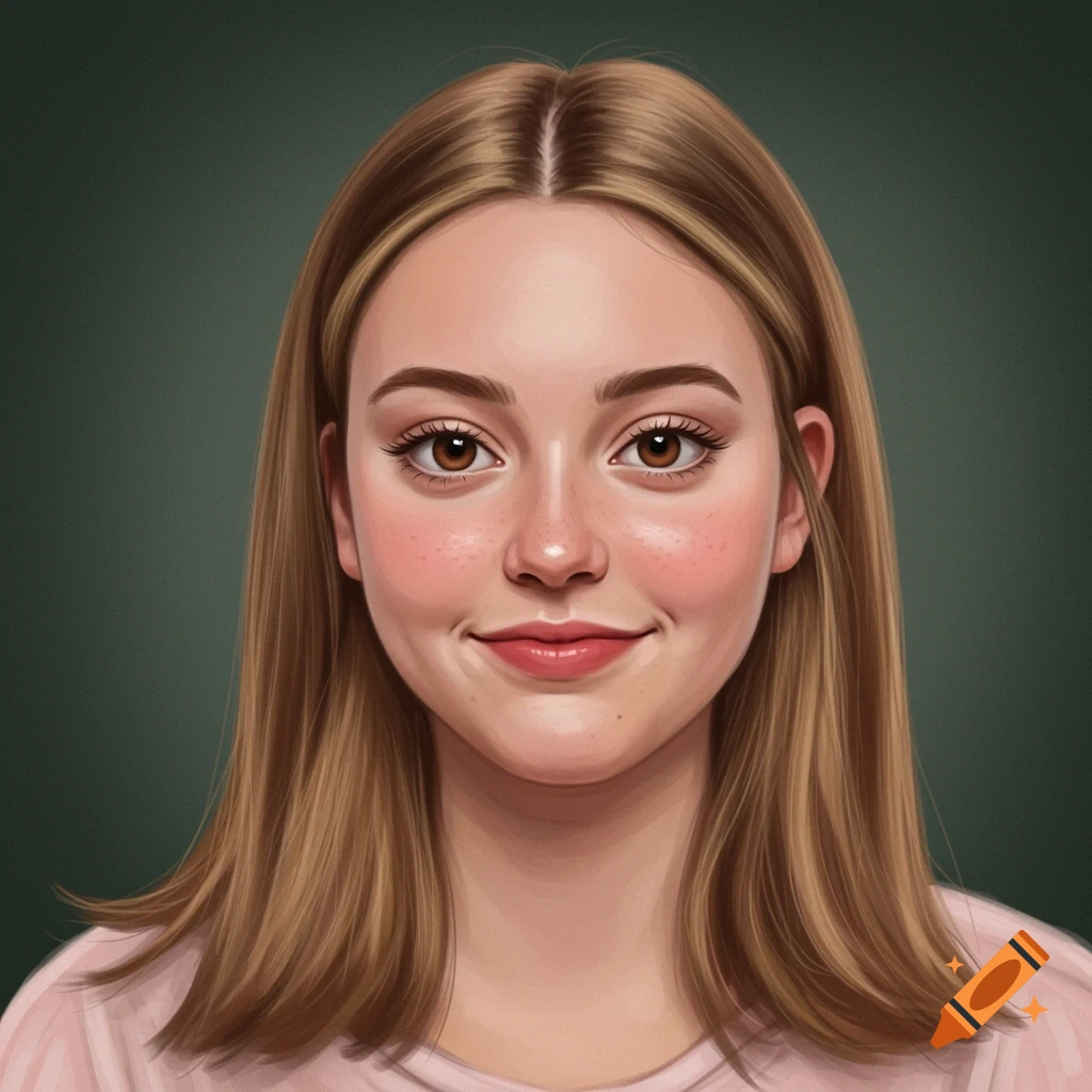 Portrait of a young woman with light brown hair, brown eyes, and freckles, smiling slightly.