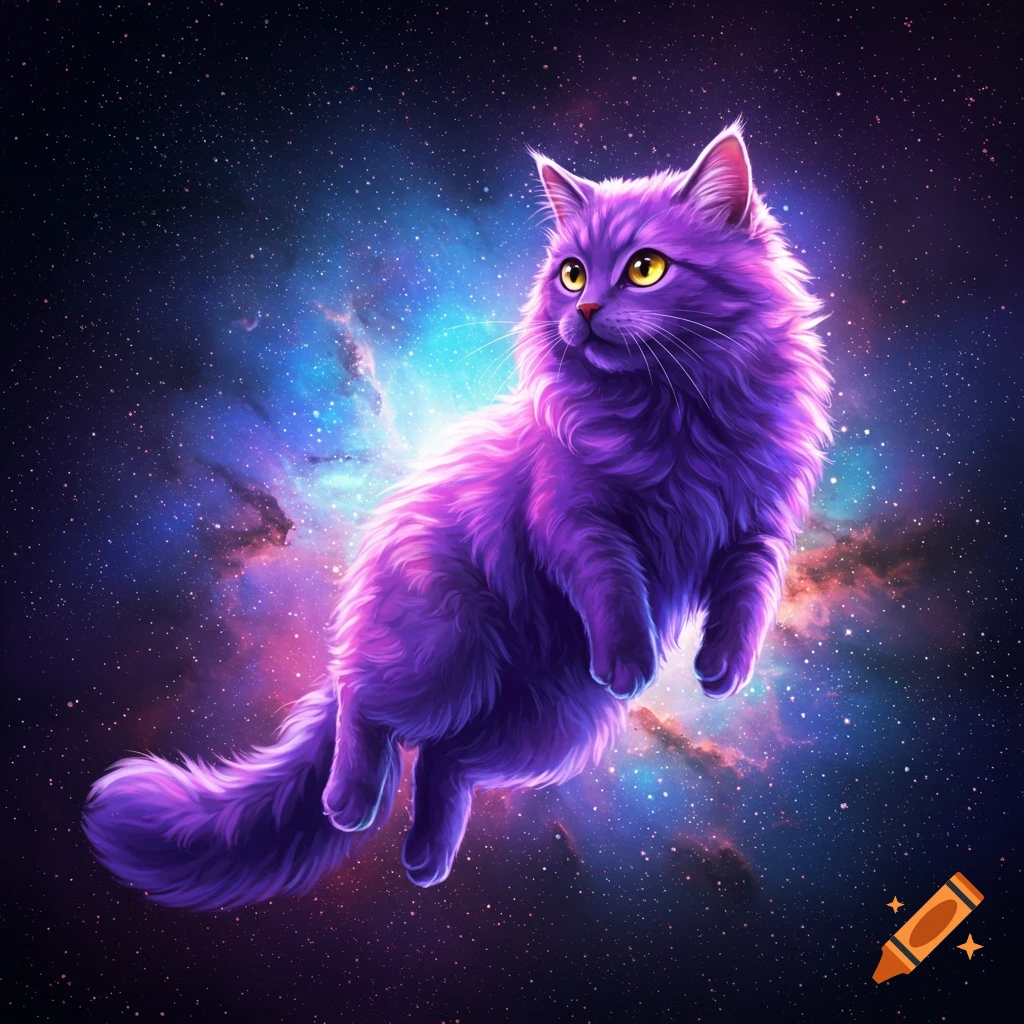 A fluffy purple cat floats in space surrounded by stars and nebulae.
