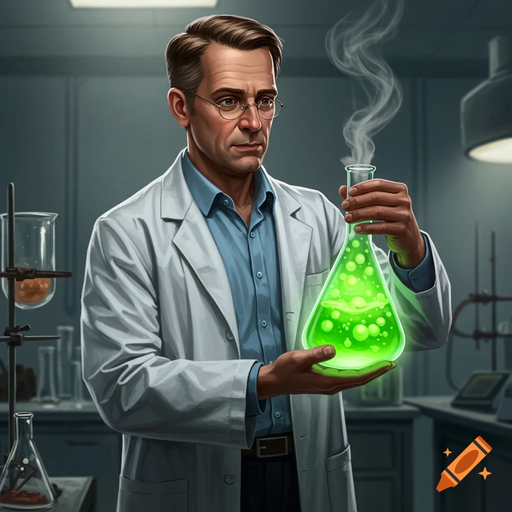A scientist in a lab coat holds a glowing green beaker in a laboratory.