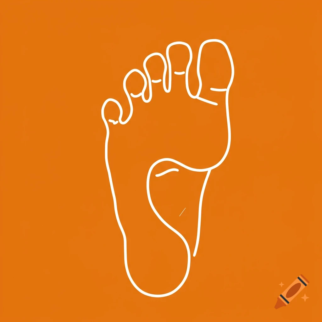 Minimalist white line drawing of a human foot on an orange background.