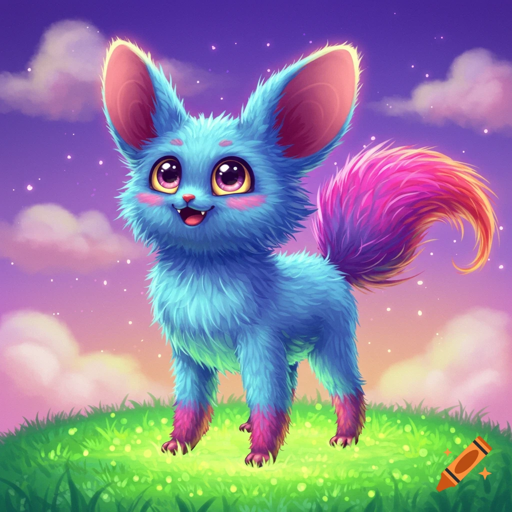 A cute blue fantasy creature with large ears and a rainbow tail stands on a grassy hill at twilight.