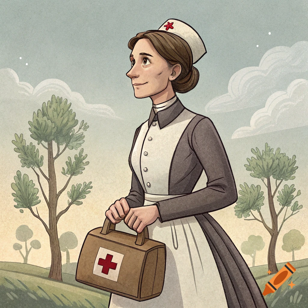 A woman in a historical nurse uniform carrying a medical bag walks outdoors in a cartoon style.