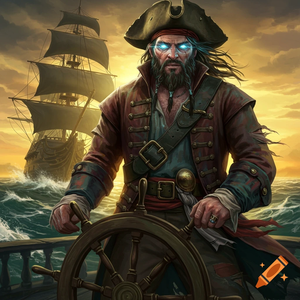 A pirate with glowing eyes stands at the helm of a ship during a sunset.