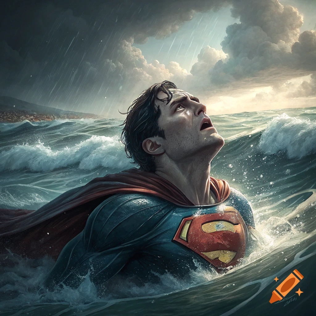 Superman struggles in a stormy ocean with rain falling