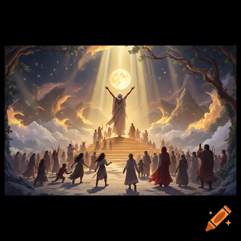A crowd of people gathered below a figure on steps reaching up towards a bright moon in a starry sky.