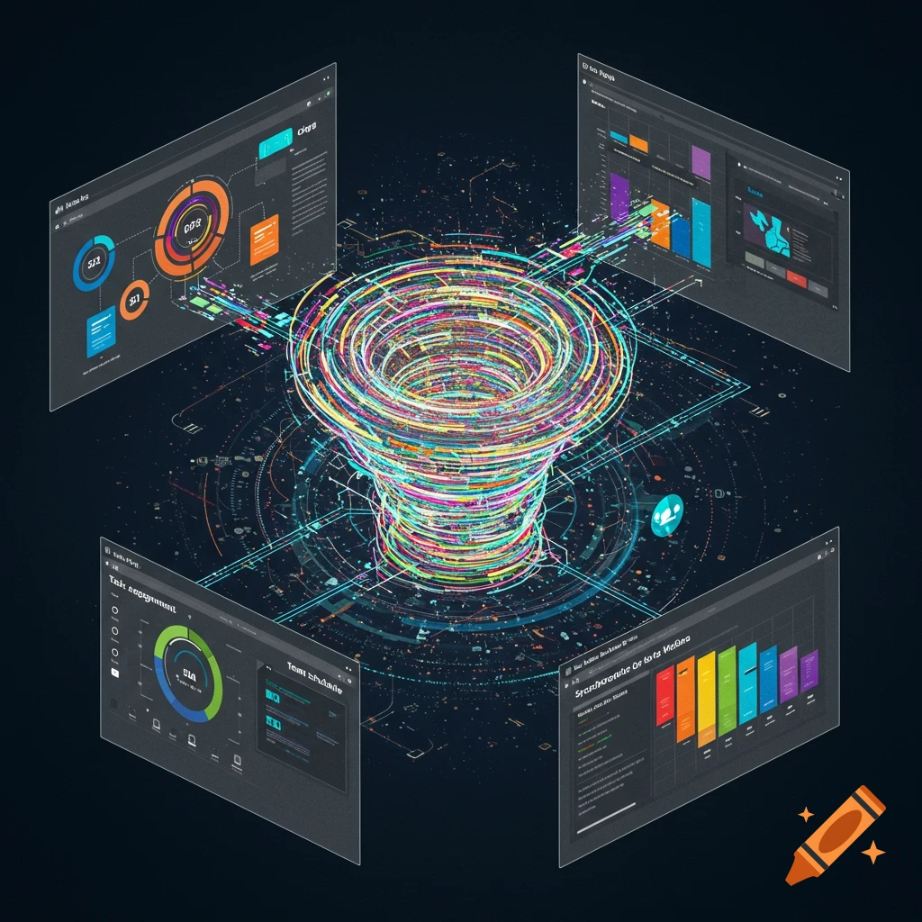 A swirling data vortex surrounded by screens displaying charts and dashboards.